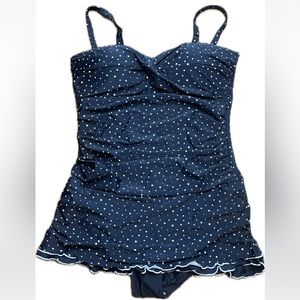 Hilor - Women’s Black Polka Dot Swim Dress - Built in Bottoms - Size 14 - NWT
